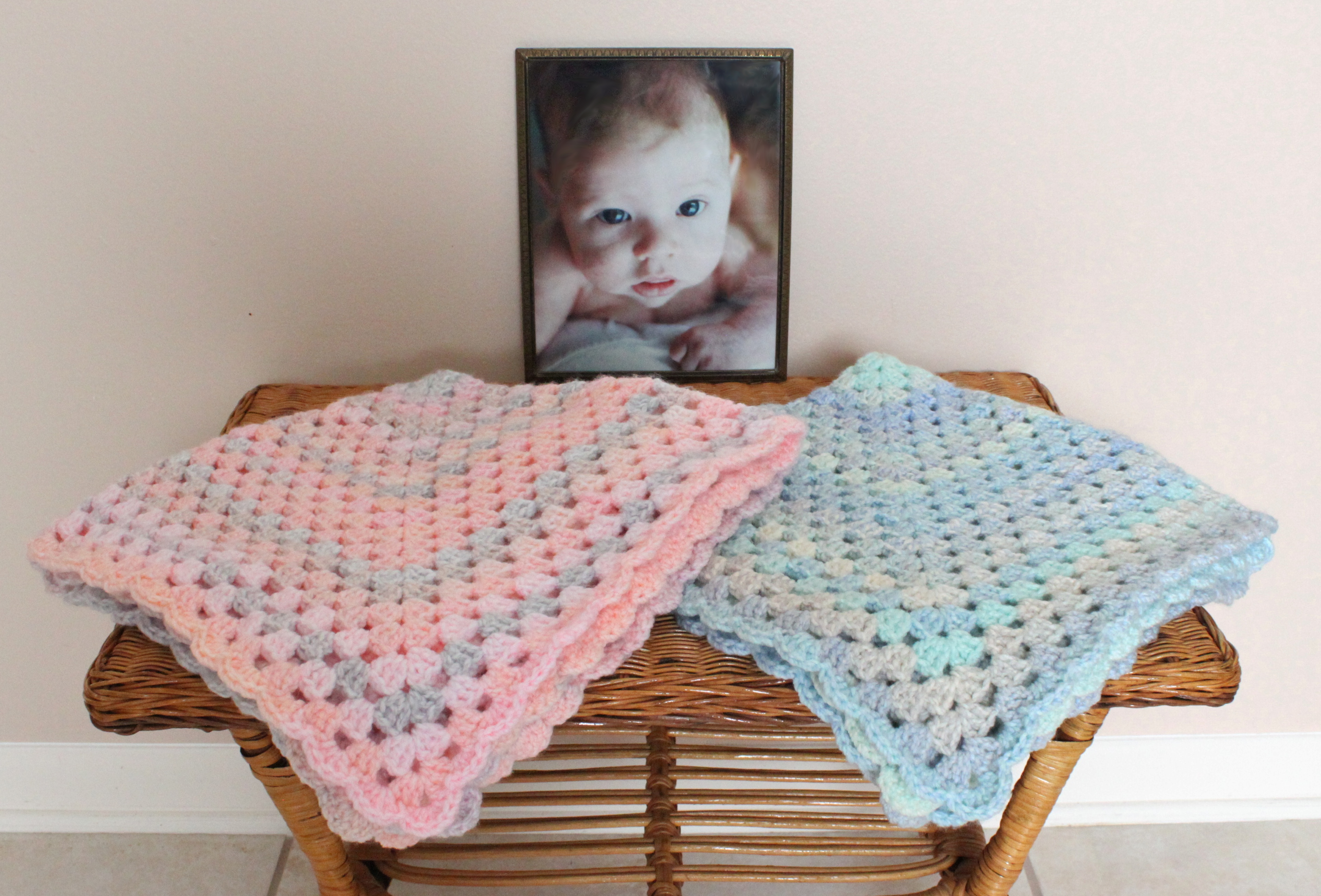 hand crocheted baby blanket, blue pink, baby shower gift